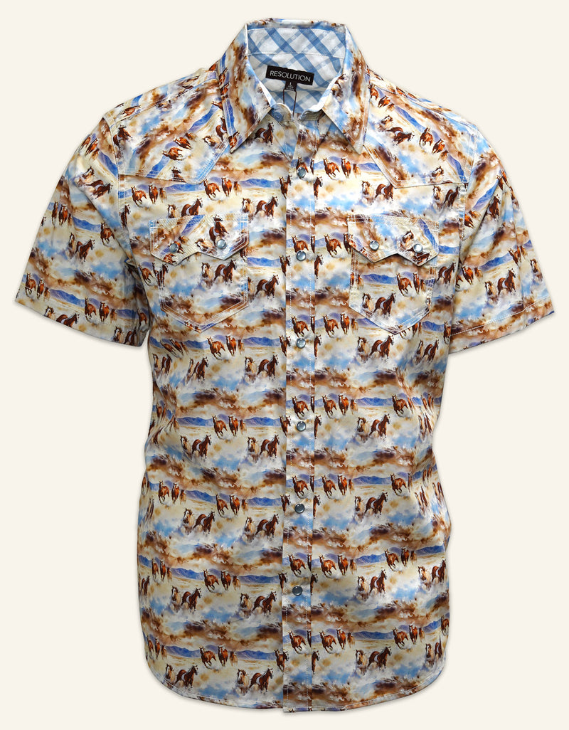 A short-sleeve button-down western shirt featuring an all-over brown running horse pattern with blue sky accents against a white background. This lightweight performance top includes classic pointed chest pockets and a tailored fit engineered for versatile everyday style and comfortable movement.